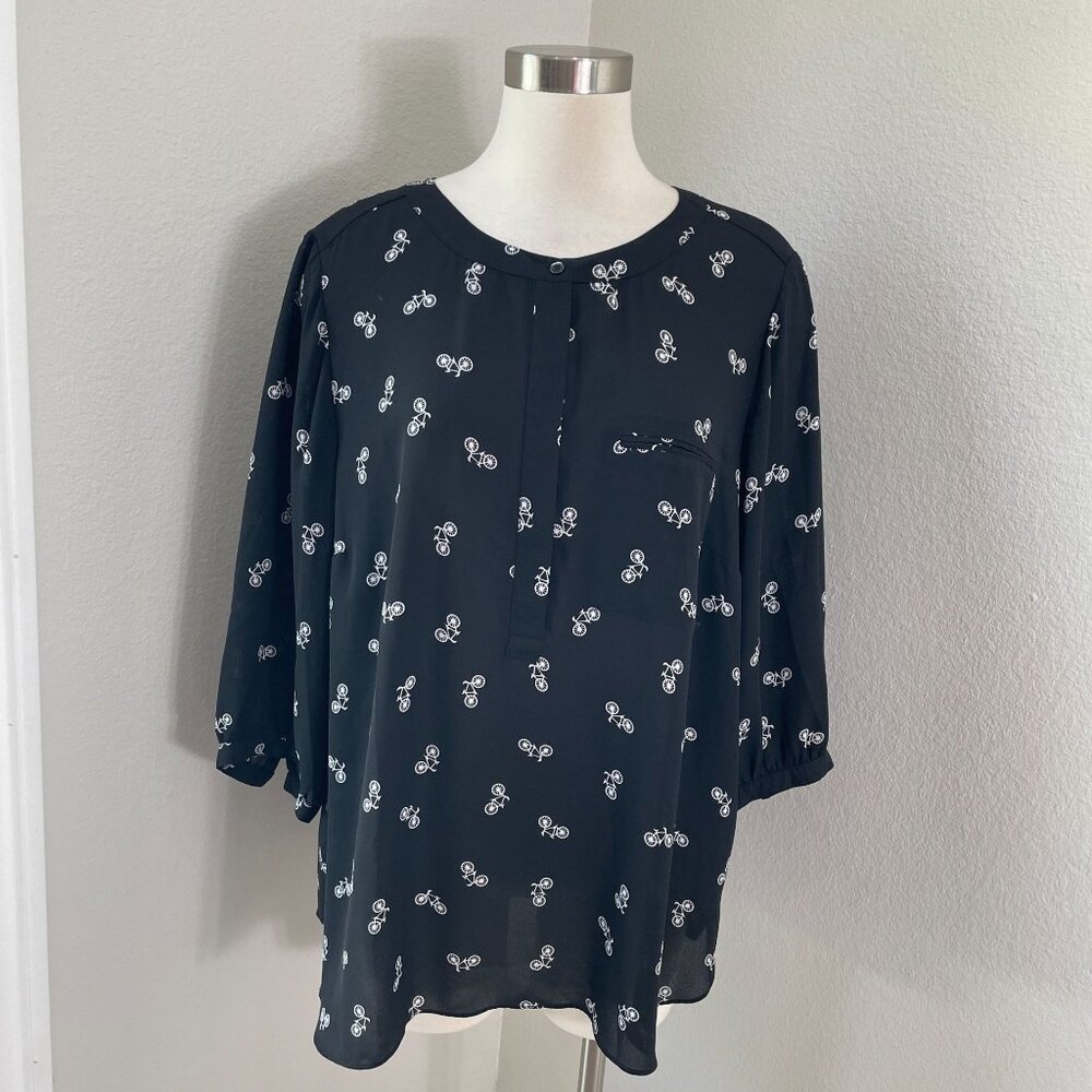 NYDJ Womens Plus 1X Black & White Bicycle Print Blouse 3/4 Sleeve Shirt Top